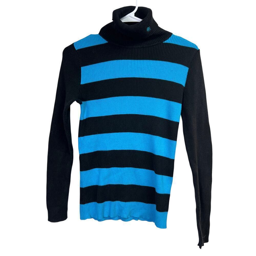 Lauren Ralph Lauren Black Turquoise Blue Striped Rib Turtleneck Sweater Medium